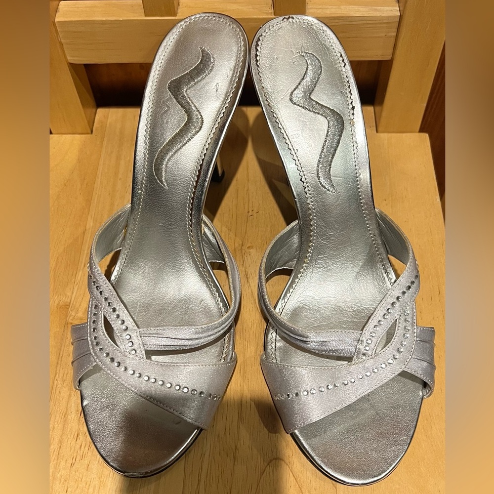 Nina, silver shoes, says 9.5 but runs small (European 39)